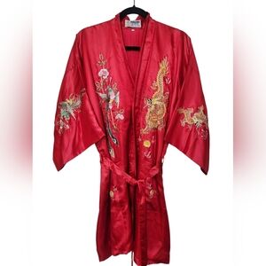 Vintage Pheonix 100% Silk Red Embroidered Dragon Phoenix Robe Large
